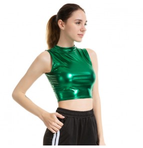 Gold dark green silver red paillette leather Bar nightclub DJ jazz dance tops women girls Tight short cropped sleeveless shirts for lady gogo dancers performance outfits